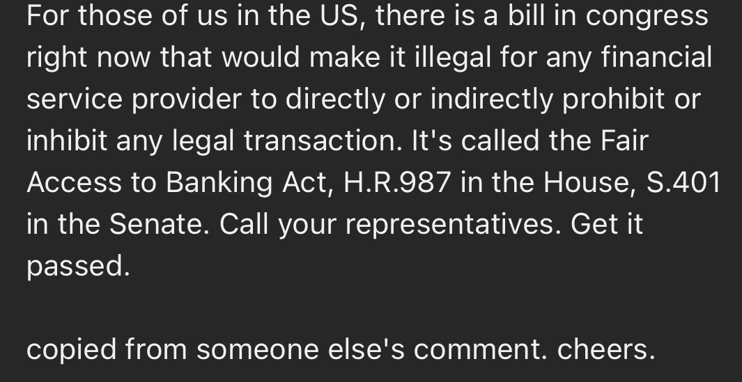 suna_snackey's tweet photo. It seems the latest #USA executive order only applies to banks, not payment processors.

May I recommend calling #UnitedStates lawmakers to pass the "Firm Act" &amp; the "Fair Access to Banking Act"?

#savespeech #stopcensoringgames #America #AmericaFirst #stopinternetcensorhip https://t.co/tvxMNeRaZk