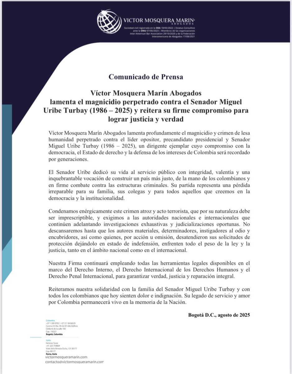 UltimaHoraCR's tweet photo. #MiguelUribe| Firma de abogados Víctor Mosquera ante el fallecimiento de Miguel Uribe Turbay: “No descansaremos hasta que los autores materiales, determinadores, instigadores al odio y encubridores, así como quienes, por acción u omisión, desatendieron sus solicitudes de protección dejándolo en estado de indefensión, enfrenten todo el peso de la ley y la justicia, tanto en el ámbito nacional como en el internacional”:

https://t.co/v2vIVVHFXe