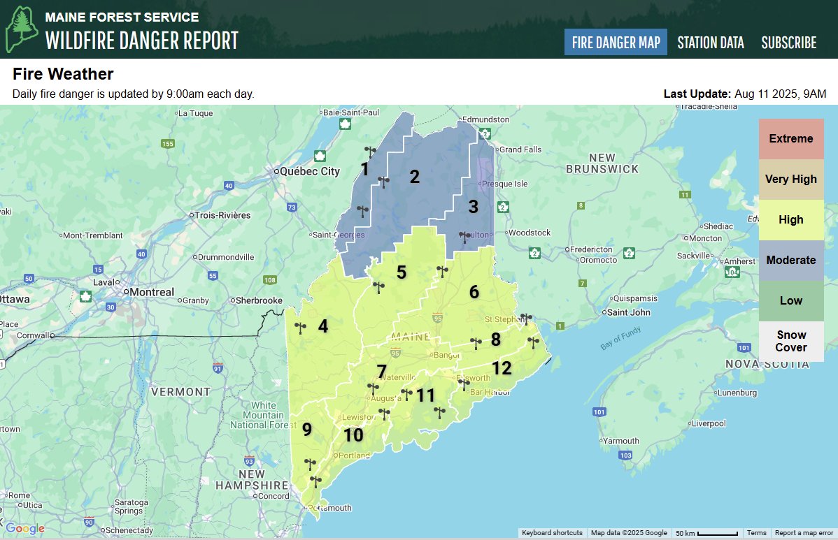 NWSCaribou's tweet photo. In addition to the Heat &amp; Humidity. The worsening dry conditions has resulted in Moderate to High Fire Danger from the @MaineRangers this morning. Please reach out to your local fire dept or the Maine Forest Service before conducting any outdoor burning. #MEwx #Maine #MEFire https://t.co/bkc90HY0t0