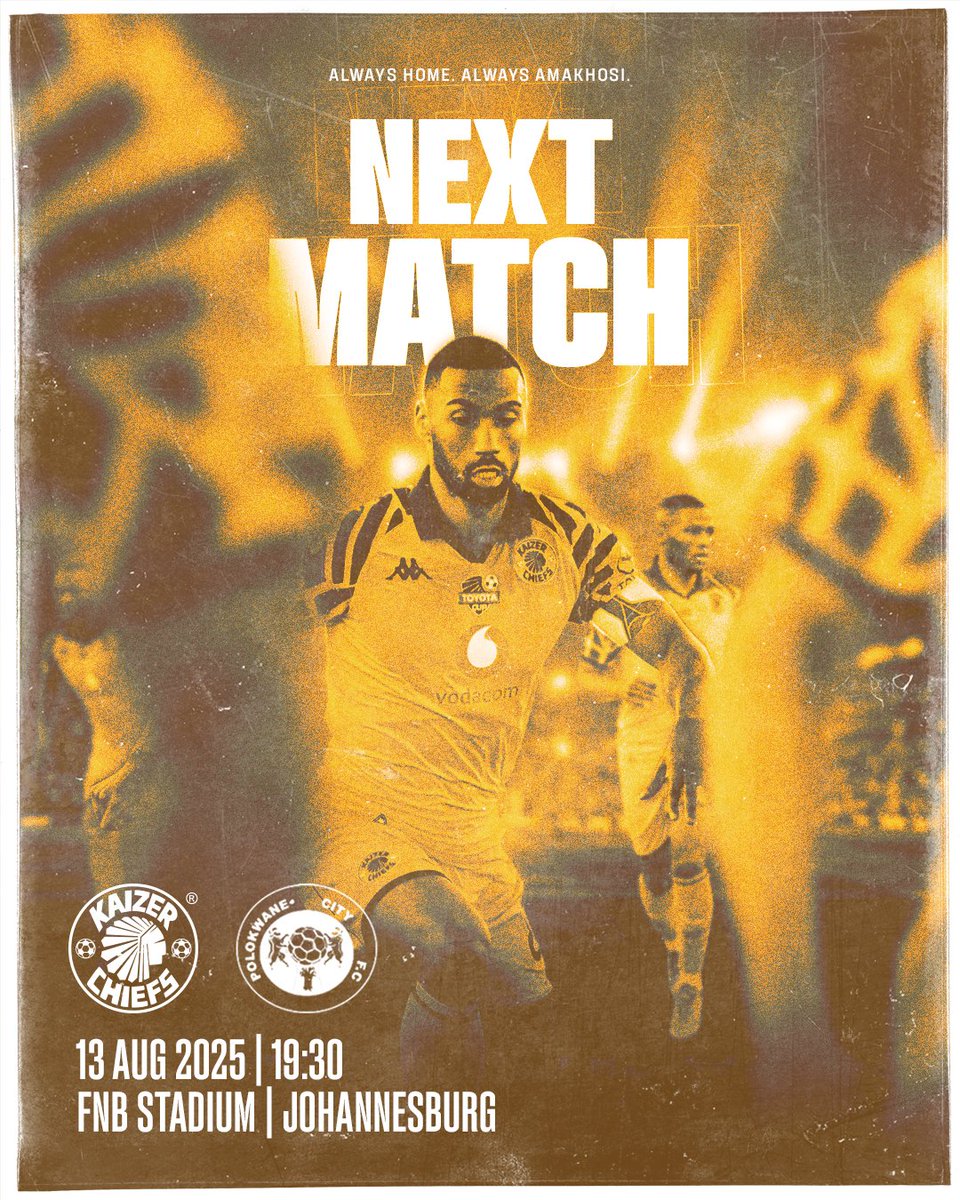 Next Kaizer Chiefs Match!

🏆#BetwayPrem
⚽️Kaizer Chiefs vs. Polokwane City FC
👕First Team 
🗓️Wednesday 13 August 2025
🏟FNB Stadium 
🕞19h30
📺SuperSport 202
🎟R60, Open Tickets: kaizerchiefs.com/kc-tickets
📢Please come early!

#Amakhosi4Life #AlwaysHome