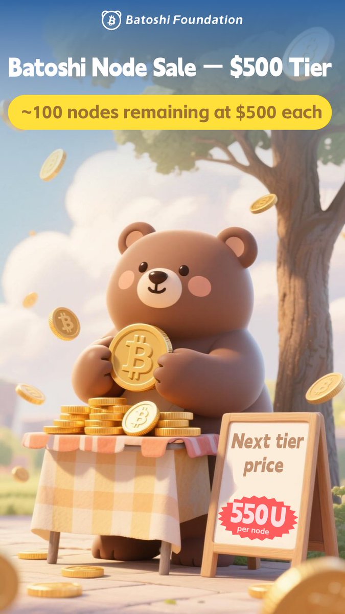 BatoshiBTC's tweet photo. Node Sale Update:
The $500 tier Node is about to sell out — only ~100 left.
Next tier: $550 per node.
Lock in $500 while available: https://t.co/NzNVPprWXw
#Batoshi #beraBTC #Berachain #BTCFi https://t.co/q4ldPCOArH
