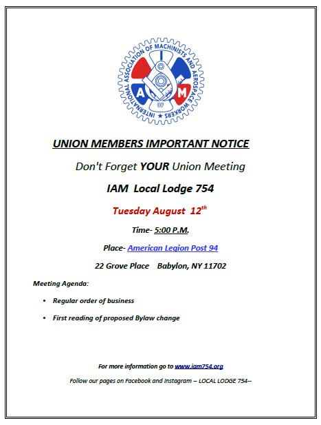 Monthly Union Meeting Tomorrow, August 12th, 5pm at the American Legion Hall in Babylon.