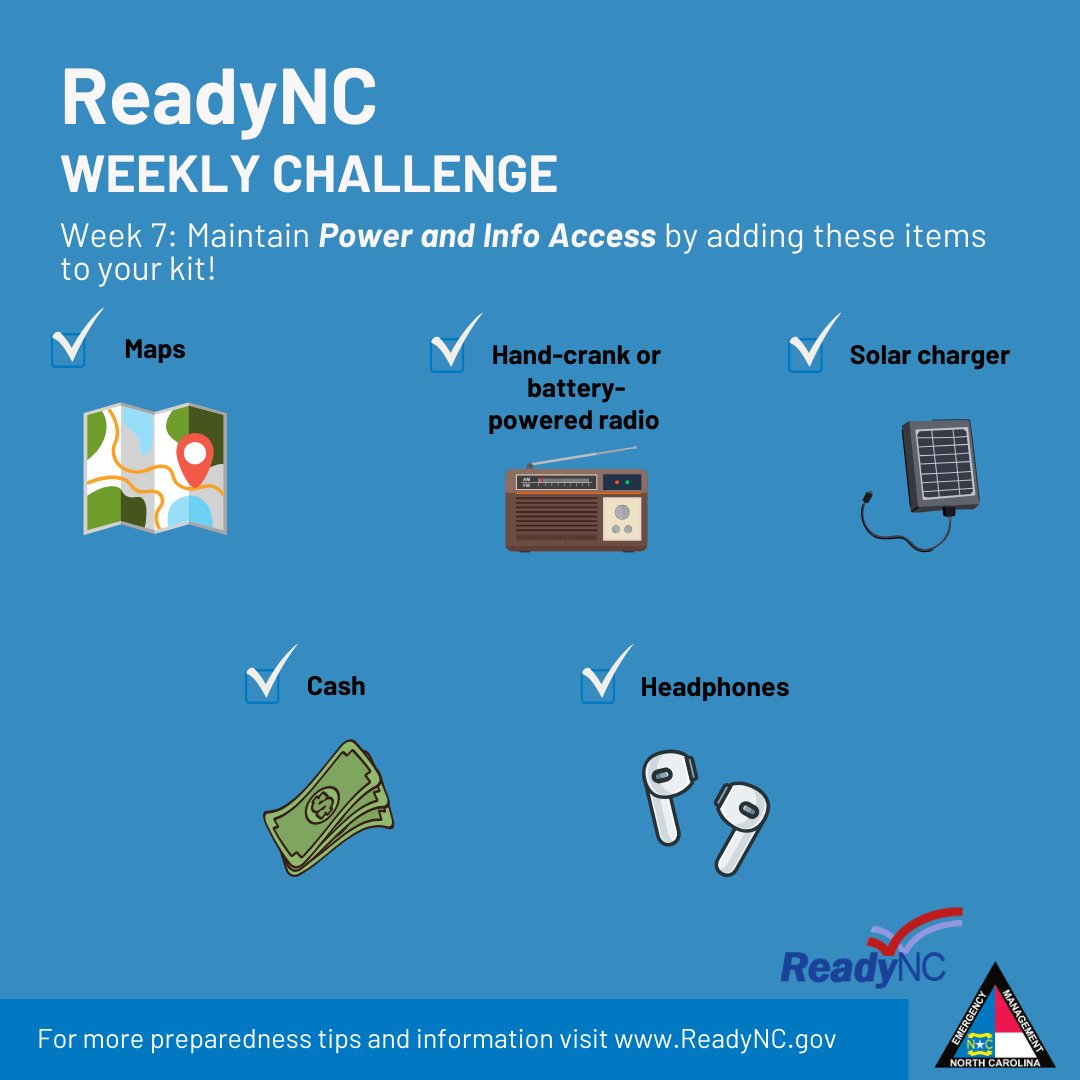 Emergency Kit Week 7

Boost your resilience with advanced power and information access. Consider a solar charger for your devices and a hand-crank radio for news updates. It is essential to stay informed!

#TeamCraven
#ReadyNC