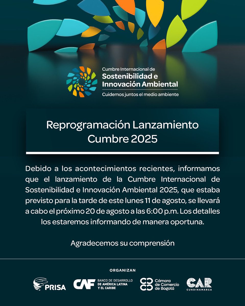 Nos unimos al duelo nacional
Aplazamos el lanzamiento de la #CumbreAmbiental2025.

Nuestro compromiso con el diálogo, la paz y la vida sigue intacto.