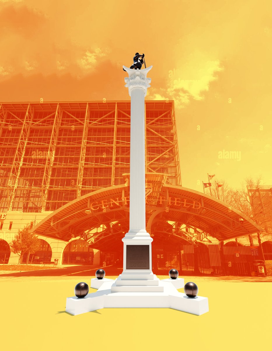 Squaring the circle between Giant Altuve statue and Tiny Altuve statue — a 27 feet tall Nelson's column style pedestal with lifesize statue on top.