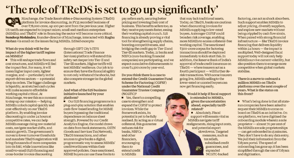 As US tariffs rise, MSMEs face new challenges &amp; opportunities. In a Business Standard interaction, Mr. Sundeep Mohindru, Promoter &amp; Director of #M1xchange, shares how #TReDS, #S2SFinancing &amp; better risk coverage are helping MSMEs unlock liquidity, build resilience.