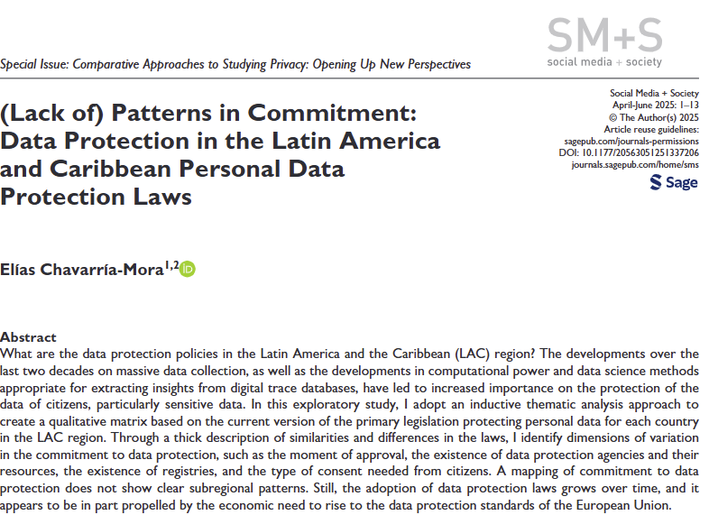 <a href="/kausalfred/">Frederic Gerdon</a> <a href="/cphoffmann/">Christian Pieter Hoffmann</a> <a href="/RysFarthing/">Rys Farthing</a> <a href="/BalabanDelia/">Delia Balaban</a> <a href="/StrJoanna/">Joanna Strycharz</a> <a href="/Think_Macro/">Dima Epstein</a> <a href="/NicholasAJohn/">@nik@aoir.social</a> <a href="/renwenzhang/">Renwen (Alice) Zhang</a> <a href="/desiphdstory/">Debjani Chakraborty</a> 10. In "(Lack of) Patterns in Commitment" Elías Chavarría Mora (<a href="/Tarnov/">Elías Chavarría Mora</a>) analyzes and maps the data protection laws across 25 countries in Latin America and the Caribbean, discovering large variability that does not follow clear geographic patterns.
🔗doi.org/10.1177/205630…