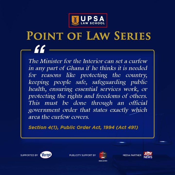 UPSALawSchool's tweet photo. Did you know Ghana's Interior Minister can impose curfews for security, safety, health and rights? 

Learn more with us!

#UPSA #UPSALawSchool #PointOfLaw #SecurityAndDefence #LawAndOrder #NationalSecurity
#StateSecurity https://t.co/G6FAElzwHf