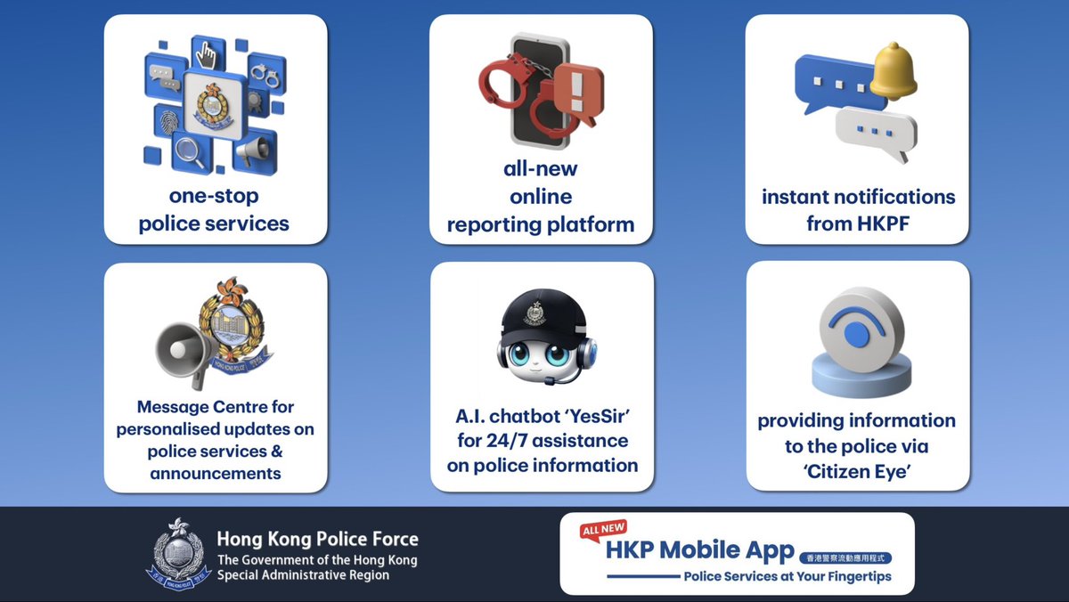 hkpoliceforce's tweet photo. PANORAMIC👮♂️👮♀️POLICE SERVICES
AT YOUR FINGERTIPS🤳
To serve our #SmartCity🇭🇰 with even greater efficiency, 🚔we officially launched the ALL-🆕#HKPolice📱App on AUG 10—a #SuperApp embodying5️⃣0️⃣+ digital services to enhance #UserExperience (#UX)✨
Highlights of the #AllInOne app👇
➖ ➖ ➖ ➖ ➖ ➖ ➖ ➖ ➖ ➖
🤖 ‘YesSir’
—an #AI-powered #chatbot that is:
● marking the first-ever use of a #LargeLanguageModel (#LLM) chatbot by a 🇭🇰Government department
● ready to answer your enquiries online 24/7 💬⏱️🌇🌃
➖ ➖ ➖ ➖ ➖ ➖ ➖ ➖ ➖ ➖
🚨 a cutting-edge e-Report Centre
—bolstered with 🆕 features:
🗒️▶️✅ ‘auto-fill’ function for forms
🗒️⏸️✅ temporary ‘save your progress’ function for to-be-completed forms
📁➡️📂 increased storage space for uploading attachments
🗺️ maps & signage📍
➖ ➖ ➖ ➖ ➖ ➖ ➖ ➖ ➖ ➖
👁️ ‘Citizen Eye’
—a one-stop #CommunityReporting platform for you to provide🚨crime leads to the police (including those related to🚦traffic offences)
➖ ➖ ➖ ➖ ➖ ➖ ➖ ➖ ➖ ➖
🎯 One-stop log-on system
—enabling you to utilise a wide spectrum of #police services via
● the ‘🚓HKPF Digital Services Log-on’
OR
● your account on ‘iAM Smart’—a personalised digital services platform developed by the 🔢Digital Policy Office of the 🇭🇰HKSAR Government🏢
➖ ➖ ➖ ➖ ➖ ➖ ➖ ➖ ➖ ➖
📇 Personalised & real-time ‘Message Centre’
—informing you about the latest status of:
📱 the online services you have used
🚨 the cases you have reported to the police👮♂️👮♀️
➖ ➖ ➖ ➖ ➖ ➖ ➖ ➖ ➖ ➖
🔔 Push notifications
—putting on your radar the latest:
🇭🇰 public events
🚨 major cases
🚦 traffic & transport arrangements
🚩 #AntiCrime messages
➖ ➖ ➖ ➖ ➖ ➖ ➖ ➖ ➖ ➖
🗺️ Local map at your disposal
—helping you to swiftly locate the nearest:
🚨 Report Room 🚔
🖲️ #SelfServiceKiosk 🚔
🚦 traffic black spots ⚠️
🟰 🟰 🟰 🟰 🟰 🟰 🟰 🟰 🟰 🟰
🙌 WAIT NO FURTHER!
Download & experience the ‘🇭🇰HK Police📱Mobile App’ now👇
https://t.co/0ZFfeoD9hf
📱 👮♂️ 👮♀️ 📱 👮♂️ 👮♀️ 📱 👮♂️ 👮♀️ 📱
✨ Equipped with a wide range of functionalities to cater to your needs in this day and age—the all-new ‘HK Police📱Mobile App’ is a milestone along the 🇭🇰#HongKongPoliceForce’s gravitation towards SMART POLICING.
✨ Going forward—we will keep introducing #PublicFriendly digital services into this📱super app!
💙 #CommunityPolicing
✨ #NextGenPolicing
🦾 #DigitalPolicing
💡 #SmartPolicing
🇭🇰 #HKPF