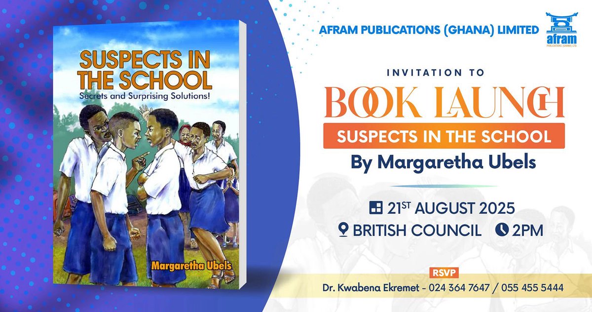 AframPub's tweet photo. 🎉 You’re Invited! 🎉

Be among the first to celebrate the launch of “Suspects in the School” by Margaretha Ubels! 

This gripping new mystery promises to keep you on the edge of your seat. Join us for an afternoon of books, fun, and maybe a few secrets... https://t.co/5nk7b0KNQn