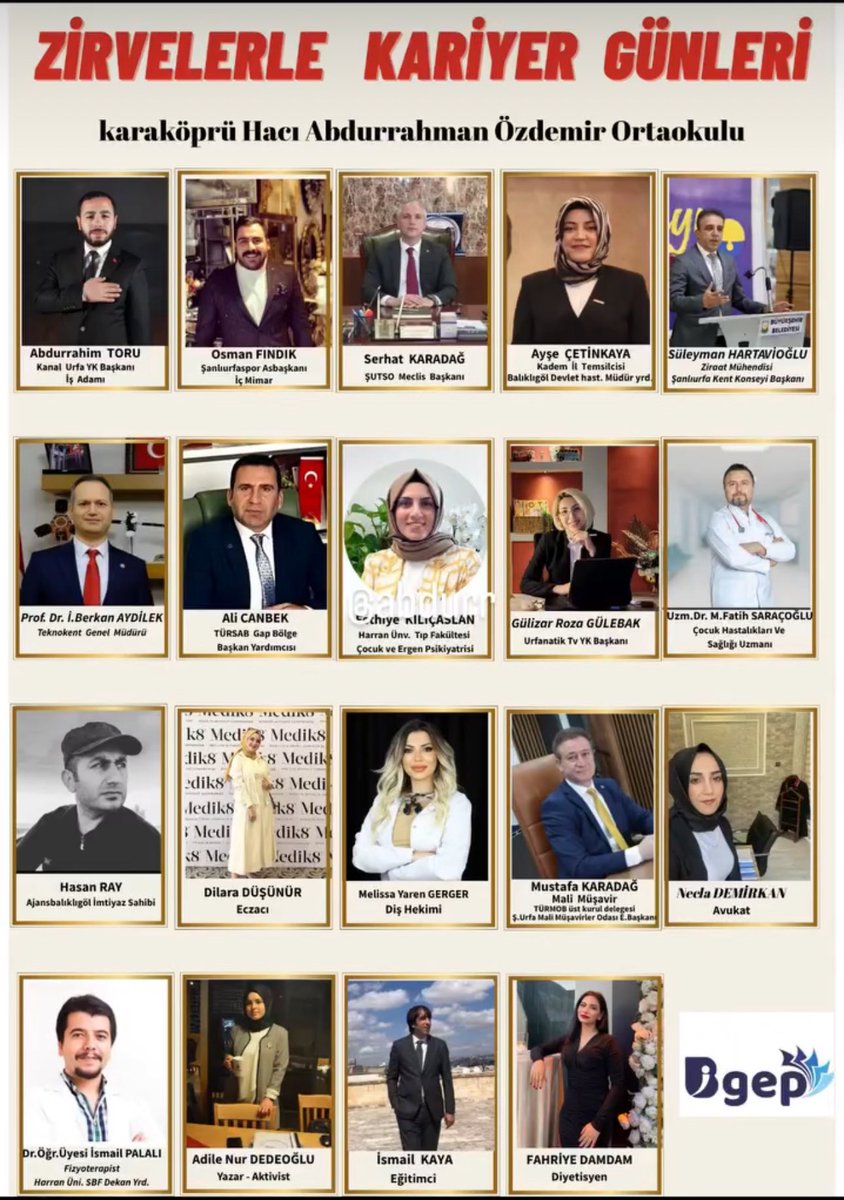 🎯 Zirvelerle Kariyer Günleri
📍 Karaköprü Hacı Abdurrahman Özdemir Ortaokulu

Gençlerimizin geleceğine ışık tutmak, onlara ilham vermek ve kariyer yolculuklarında rehberlik etmek için Zirvelerle Kariyer Günleri programında yer alacağım. 🌟

Bilgi, deneyim ve motivasyon dolu bu