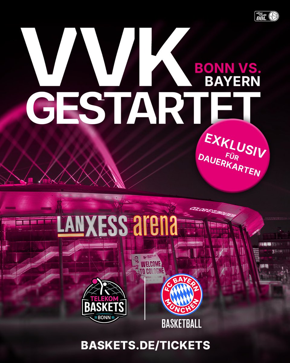 Telekom Baskets Bonn (@telekombaskets) on Twitter photo Ab sofort können sich Dauerkartenbesitzer ihre Tickets für das Heimspiel in der <a href="/LANXESSarena/">LANXESS arena</a> am 21.12. gegen den <a href="/FCBBasketball/">FC Bayern Basketball</a> sichern!
Auf baskets.de/tickets einloggen, den individuellen Promotioncode einlösen und das kostenlose Ticket auswählen. 🎟️
📸 LANXESS arena Ab sofort können sich Dauerkartenbesitzer ihre Tickets für das Heimspiel in der <a href="/LANXESSarena/">LANXESS arena</a> am 21.12. gegen den <a href="/FCBBasketball/">FC Bayern Basketball</a> sichern!
Auf baskets.de/tickets einloggen, den individuellen Promotioncode einlösen und das kostenlose Ticket auswählen. 🎟️
📸 LANXESS arena