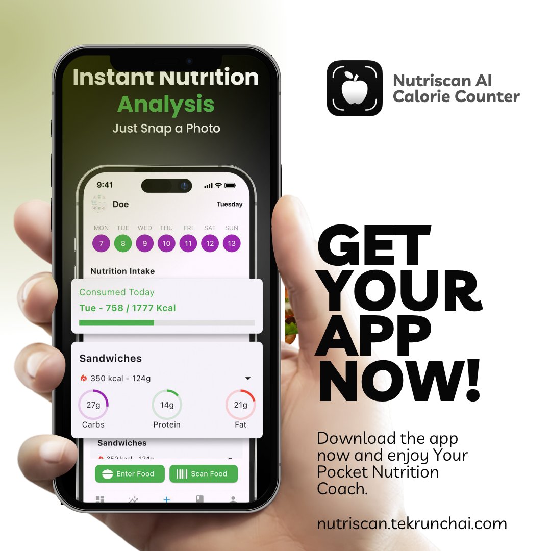 tekrunchai's tweet photo. Counting calories is hard.Nutriscan makes it simple just scan your meal and get instant nutrition insights.
No guesswork, just results.
📲 Start your health journey today https://t.co/zXMCxbGN9g 
#CalorieCounting #FitnessMotivation #WeightLossJourney #HealthyEating #Nutrition https://t.co/79RA0WQbHp