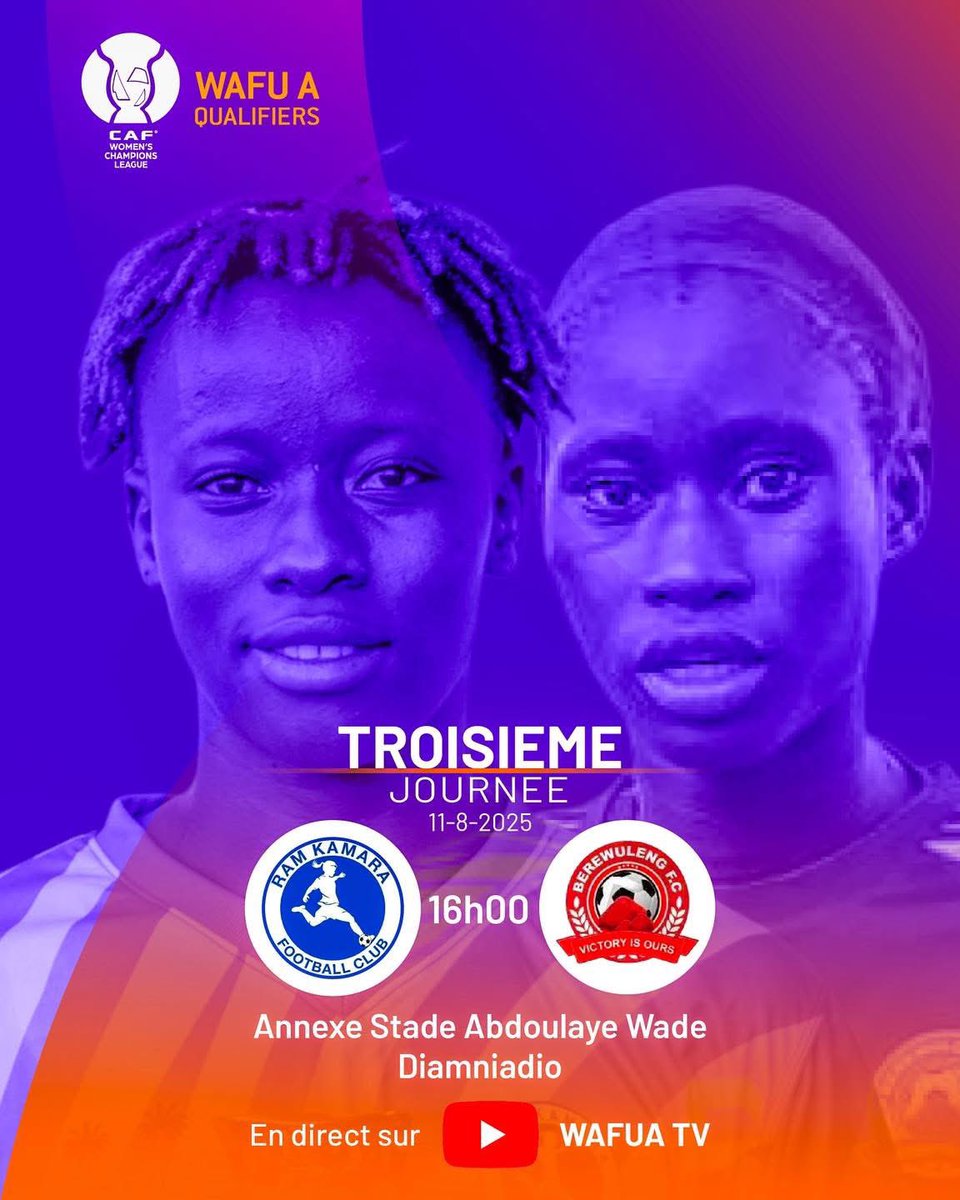 WCL WAFU A Qualifiers
⚽ RAM KAMARA (🇸🇱) ⚔️ BEREWULENG FC (🇬🇲)   - 16h00
🏟 Annexe Stade Abdoulaye Wade
#CAF #WAFUA #WCLQ