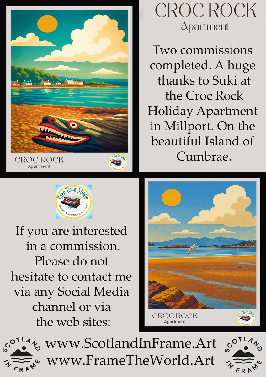 StephenAHenry's tweet image. Two commissions  completed for the wonderful Holiday Let 'Croc Rock Apartment' on Millport.

Interested in personalising/customising one of my (or your) images?

Don't hesitate to reach out.

#Customise #Personalise #Commission #VintageTravelPoster #DigitalEdit #Scotland