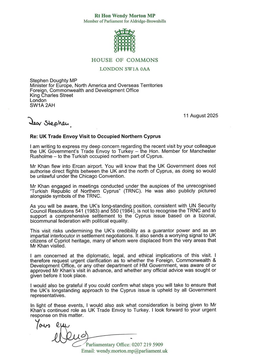 Wendy Morton MP (@morton_wendy) on Twitter photo My letter to <a href="/SDoughtyMP/">Stephen Doughty HC MP</a> raising serious concerns over the UK Trade Envoy’s visit to occupied Northern Cyprus, its legality, and the message it sends to our Cypriot communities 👇 My letter to <a href="/SDoughtyMP/">Stephen Doughty HC MP</a> raising serious concerns over the UK Trade Envoy’s visit to occupied Northern Cyprus, its legality, and the message it sends to our Cypriot communities 👇