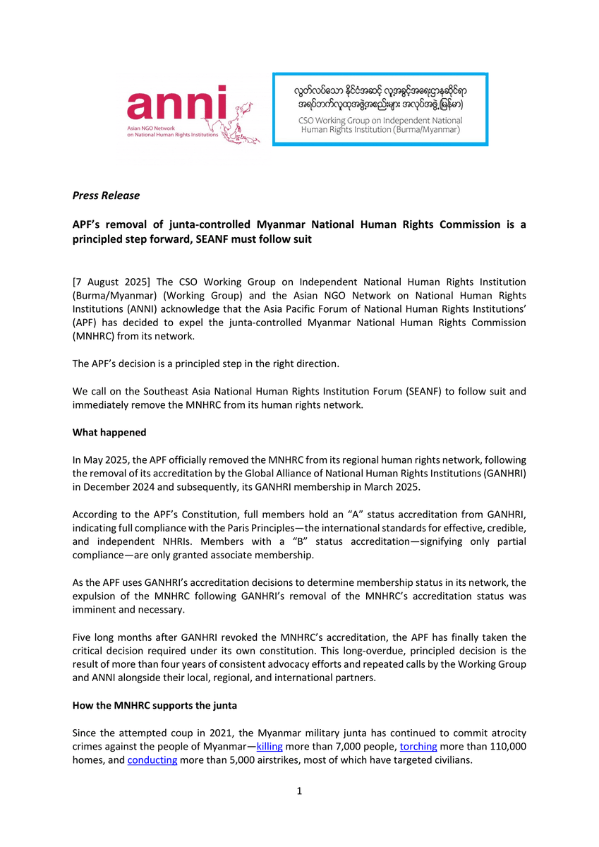 PVamplify's tweet photo. ✊In May 2025, @APFHumanRights removed junta's controlled #MNHRC from its regional human rights network, following the removal of its accreditation by #GANHRI in Dec 2024 &amp; its membership in Mar 2025.

🚨It’s time for #SEANF to do the same

Press release: https://t.co/2aBaDRKhyS https://t.co/hdStwDWoX4