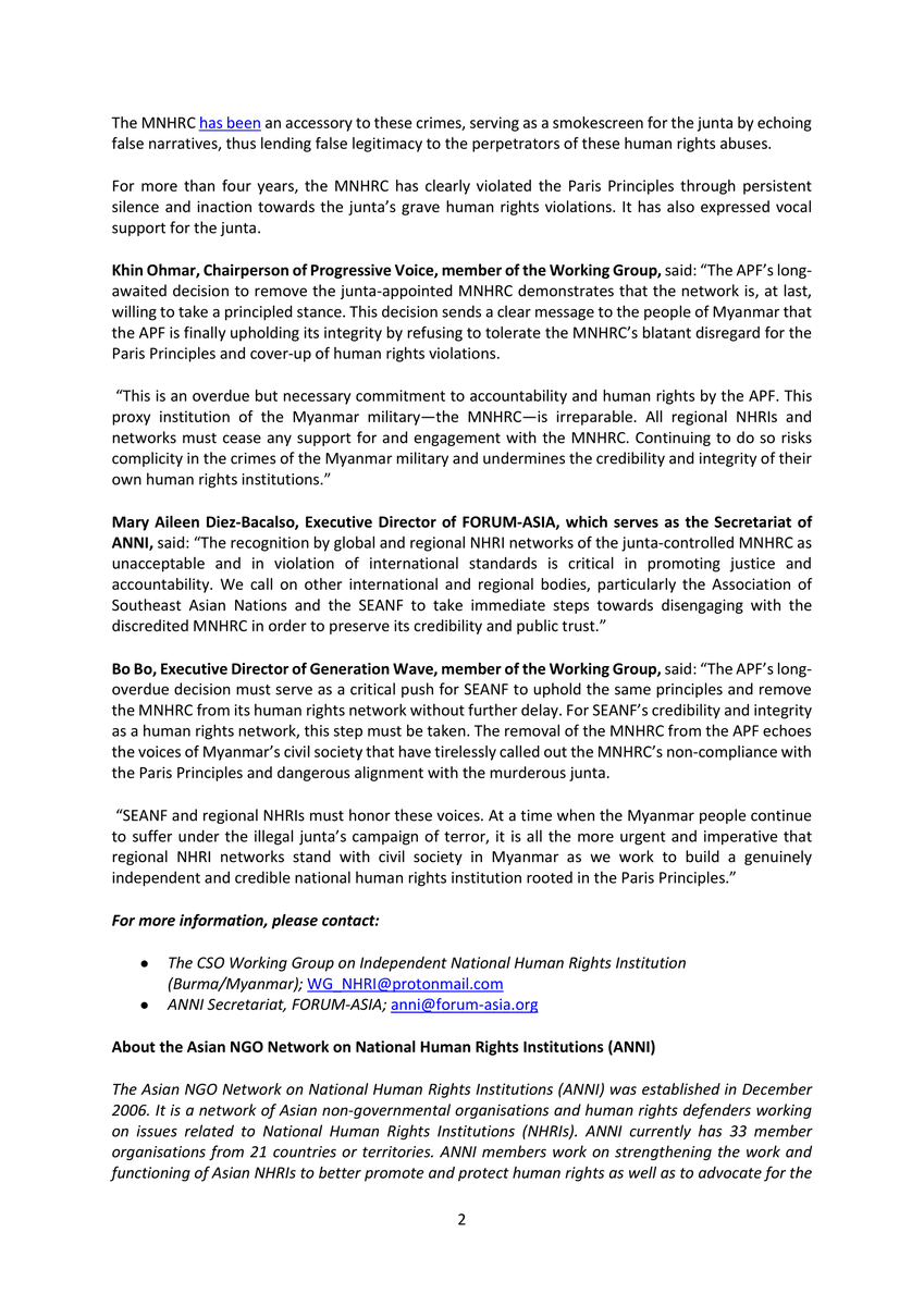 PVamplify's tweet photo. ✊In May 2025, @APFHumanRights removed junta's controlled #MNHRC from its regional human rights network, following the removal of its accreditation by #GANHRI in Dec 2024 &amp; its membership in Mar 2025.

🚨It’s time for #SEANF to do the same

Press release: https://t.co/2aBaDRKhyS https://t.co/hdStwDWoX4