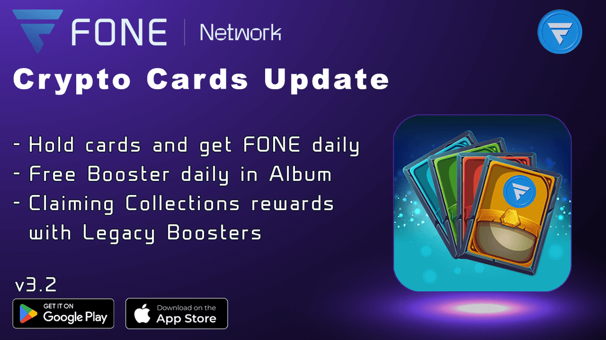Hello Everyone,

We are excited to announce a new update of Crypto Cards today.

Download or update to version 3.2:

Google Play: play.google.com/store/apps/det…

Apple App Store: apps.apple.com/us/app/crypto-…

The game now offers 2 FONE in daily rewards for each collection that has all cards