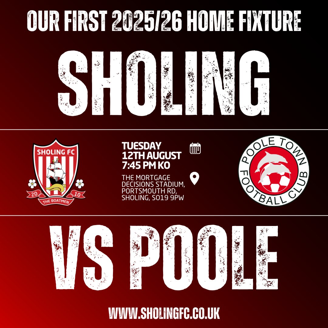 sholingfc's tweet image. Join us for the first home clash of the 2025/26 season as The Boatmen take on Poole under the lights.

⚽️ @pooletownfcofficial
⏰ 19:45 KO
📍 The @mortgagedecisions  Stadium, Sholing, SO19 9PW
🎟️ General Admission - £15 | Concessions - £10 | 13-19 Years Old - £5 | Under 12's -…