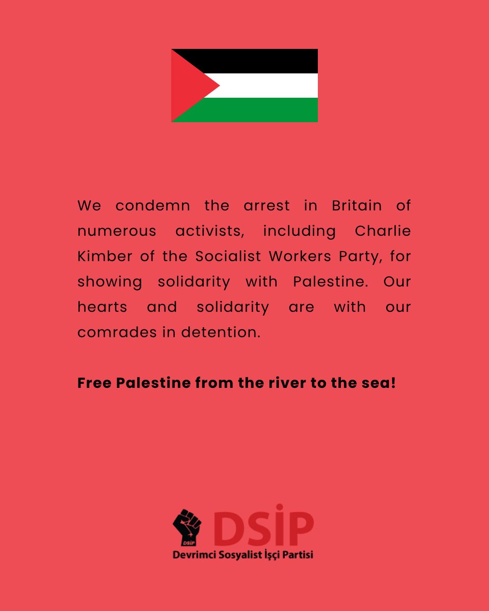 We condemn the arrest in Britain of numerous activists, including Charlie Kimber of the Socialist Workers Party, for showing solidarity with Palestine. Our hearts and solidarity are with our comrades in detention. 

Free Palestine from the river to the sea!