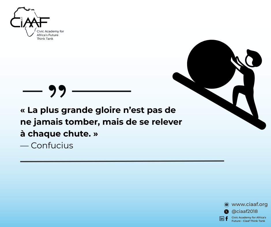 Ciaaf2018's tweet photo. Une nouvelle semaine, de nouveaux défis. 💪🏾
Chaque chute est une occasion de se relever plus fort.
Dans l’engagement citoyen comme dans la vie, chaque pas compte.
#MotivationDuLundi #Résilience #CiAAF #Leadership https://t.co/jREuLAW5Mp