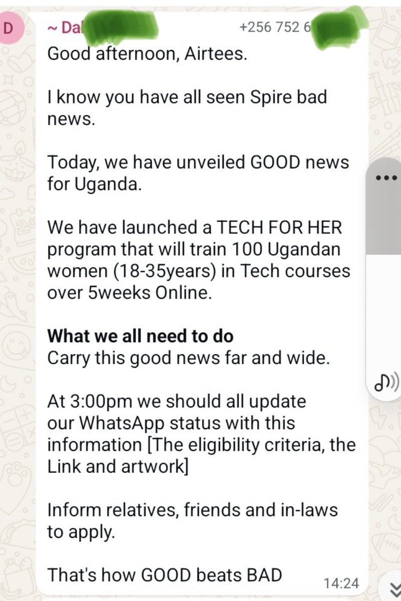 SpireJim's tweet photo. Dear DB (in @Airtel_Ug),
Your messages in the staff WhatsApp group reach me through those who care about their image as employees. I hope you are not trying to gloss over customers’ concerns as mere “Bad news”! This is the indifference we’re talking about. Who are you there to serve?! 

Should we ask aggrieved customers to call you directly on your number?
#StopAirtelTheft
