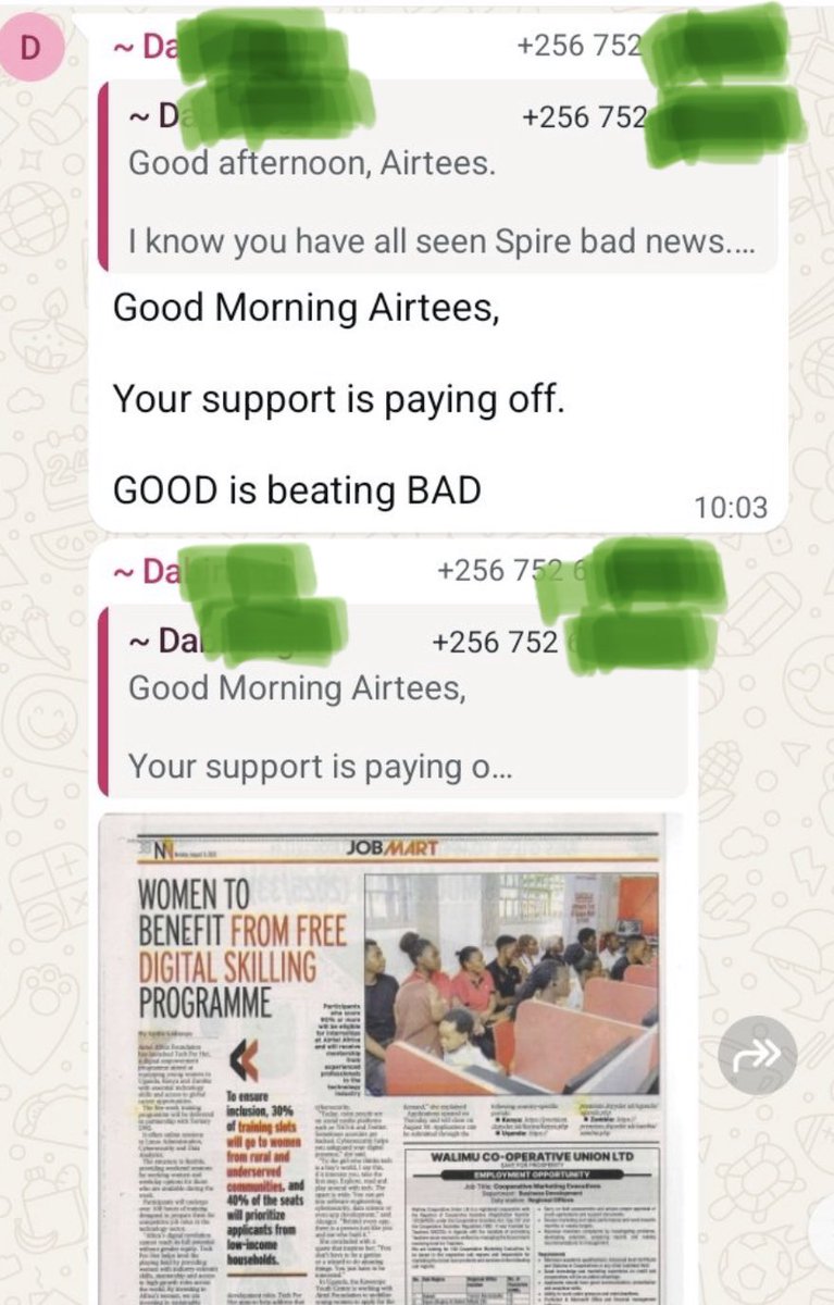 SpireJim's tweet photo. Dear DB (in @Airtel_Ug),
Your messages in the staff WhatsApp group reach me through those who care about their image as employees. I hope you are not trying to gloss over customers’ concerns as mere “Bad news”! This is the indifference we’re talking about. Who are you there to serve?! 

Should we ask aggrieved customers to call you directly on your number?
#StopAirtelTheft