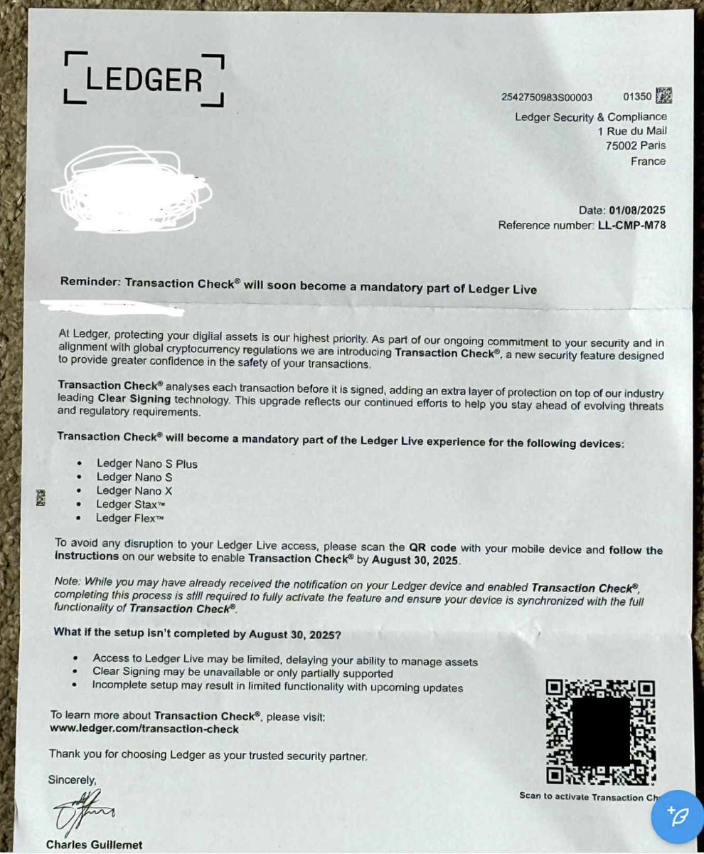 allthemoney's tweet photo. Another SCAM 👇😎

Physical letters are being mailed acting as @Ledger 

The scammers are putting the fear in the public by announcing fake news.

DO NOT EVER scan QR Codes or go to a listed website, period.

The RECOVERY PHRASES (12/24 words) you wrote down when you activate your device/wallets are for YOU ONLY!

NEVER attach your devices to an UNKNOWN source.

NO ONE else needs this information.

Be careful
Be private
Be safe