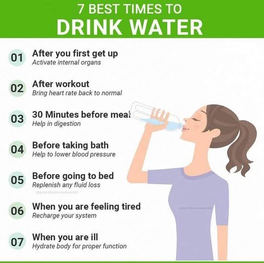 Best times to drink water
After waking: Activates internal organs
After workout: Normalizes heart rate
30 minutes before meal: Aids digestion
Before bathing: Lowers blood pressure
Before bed: Replenishes fluid loss
When tired: Recharges system
When ill: Hydrates body for function