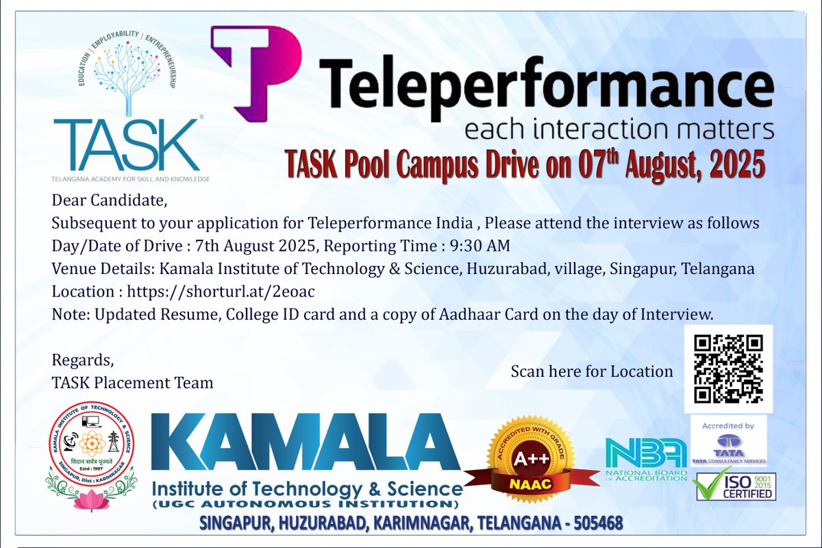 tasktg's tweet photo. TASK Pool Campus Drive on 7th August 2025 at Kamala Institute of Technology and Science, Karimnagar
116attended,with 14 selects and adding.
@OffDSB #SanjayKumarIAS @bhaveshmishra01 @ShrikantNF #TASKCOO @SdTask @SaveenRedd7461 @SugunakarKoduri
#Jobdrive #TASK #Adilabad #Telangana https://t.co/03qYS3Uqke