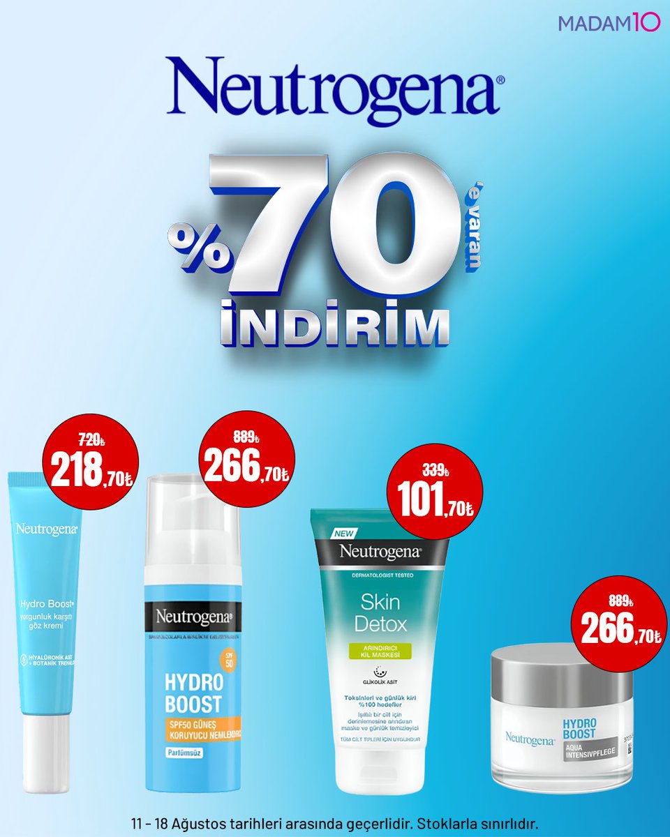 madam10official's tweet image. 💙 Cildinizin ihtiyacı olan nem ve bakım şimdi çok daha ulaşılabilir! 
Neutrogena ürünlerinde %70’e varan indirim fırsatını kaçırmayın! 🌊
#Neutrogena #HydroBoost #SkinDetox #İndirim #BakımRutini #Nemlendirici #CiltBakımı #Madam10
