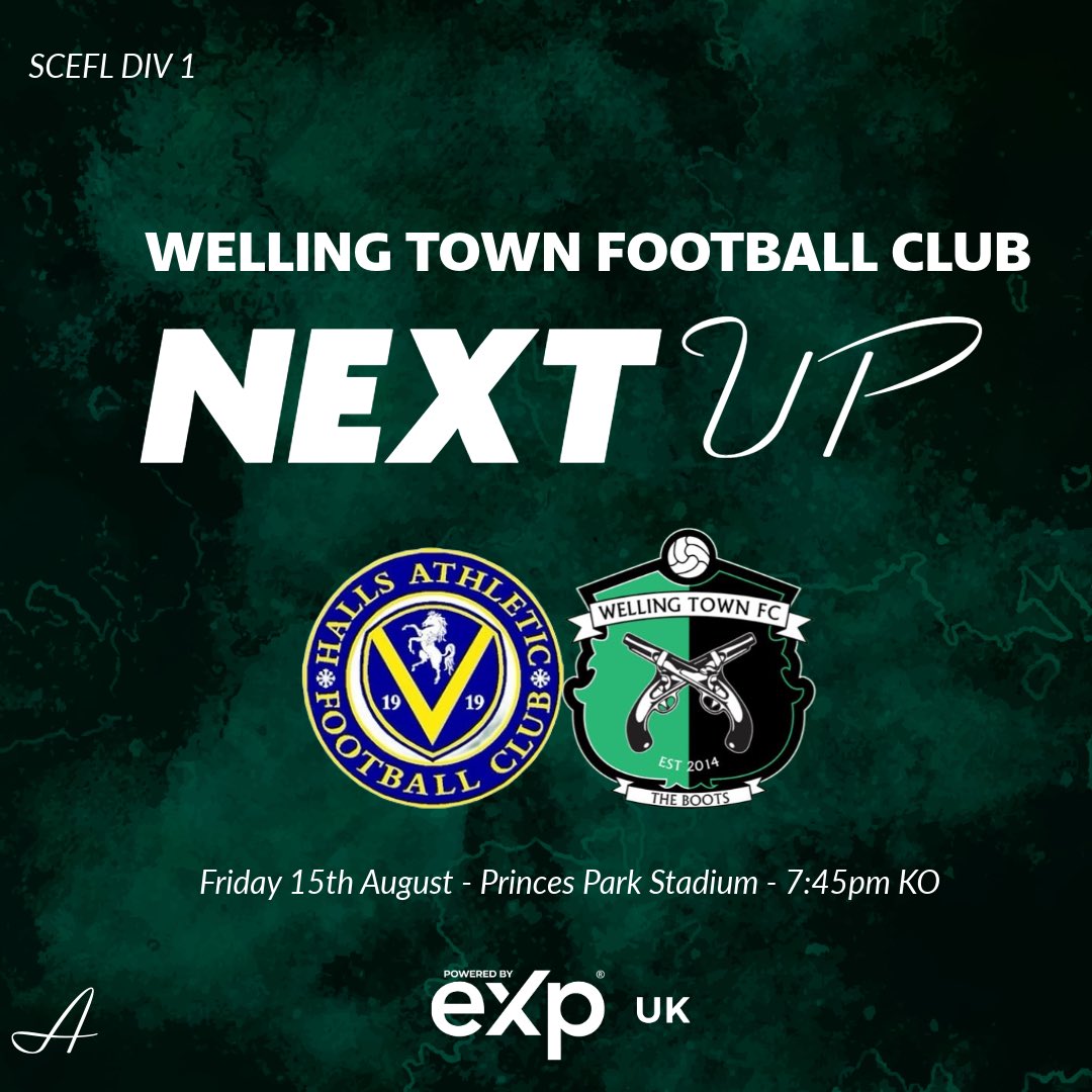 Next up for Welling Town is <a href="/HAFCOfficial/">Halls Athletic FC</a> on Friday night!

We are away for a 7:45pm Kick Off at the Princes Park Stadium!

We look forward to hearing your continued support 👏 

<a href="/SCEFLeague/">Presence & Co. SCEFL League</a> 
#NonLeague
#Groundhoppers
#UpTheBoots💚🖤🥾