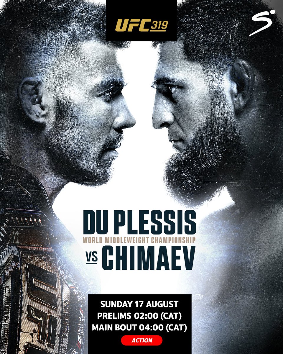 SuperSportTV's tweet photo. The battle for the World Middleweight Championship is going to be box office πΏπ₯
Watch the main bout live tomorrow morning from 04:00 (CAT) on SS Action and SS Action Africa π
#UFC319 | #SSUFC https://t.co/7NiJfBCDNv