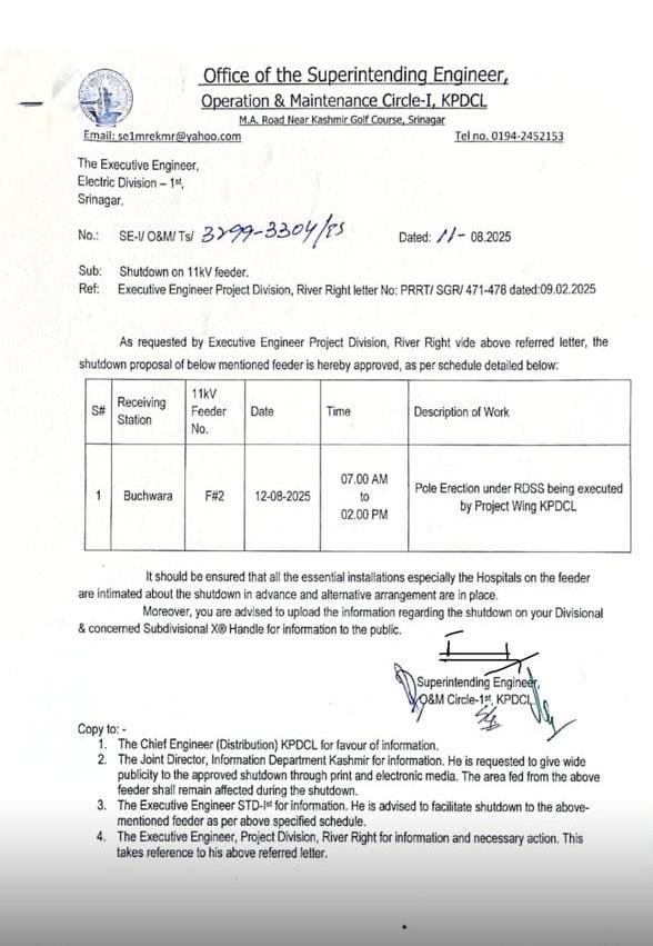 Power shutdown <a href="/kpdcloffice/">Kashmir Power Distribution Corporation Limited</a> <a href="/cekpdcl/">CHIEF ENGINEER, DISTRIBUTION, KPDCL(PDD)</a> <a href="/XEd1st/">ED1st KPDCL</a> <a href="/XEN_EDIV_KPDCL/">Electric Division-IV, Khanyar (KPDCL)</a> <a href="/std_ist/">Sub-Transmission Division, 1st (KPDCL) PDD,Bemina</a>