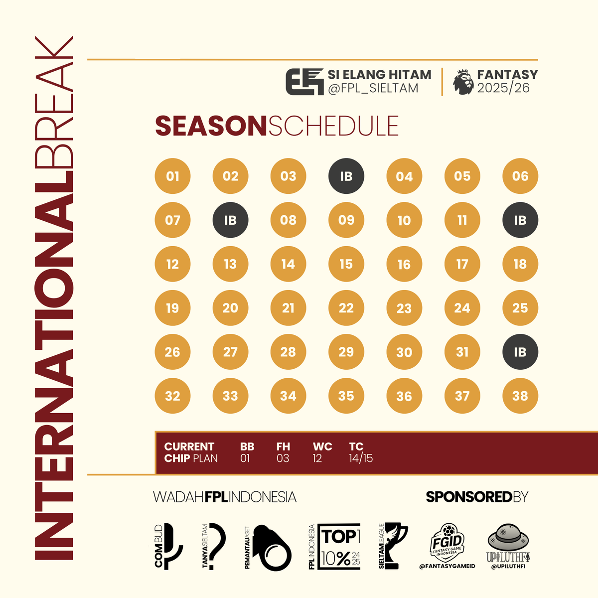 🆕 International Break &amp; Initial Chip Plan

🍹 International Break:
- Between GW 3 &amp; 4
- Between GW 7 &amp; 8
- Between GW 11 &amp; 12
- Between GW 31 &amp; 32

🃏 Initial Chip Plan:
- BB 01
- FH 03
- WC 12
- TC 14/15

ℹ️ Perencanaan Chip lebih bijak menyesuaikan IB.

#FPL
#FPLIndonesia 🇮🇩
