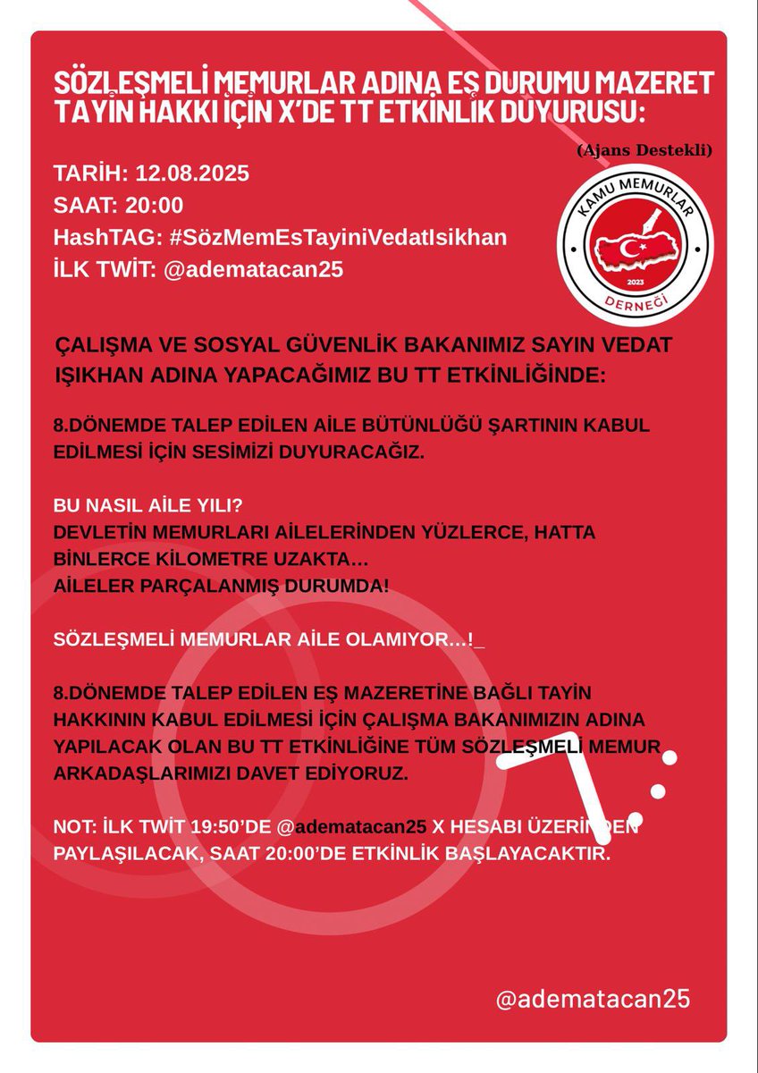 3+1 SİSTEMİ İLE ÇALIŞMAK ZORUNDA BIRAKILAN SÖZLEŞMELİ MEMURLARA EŞ DURUMU TAYİN HAKKININ 8. DÖNEM TOPLU SÖZLEŞMEDE KABUL EDİLMESİ İÇİN:

SN. CUMHURBAŞKANIMIZ <a href="/RTErdogan/">Recep Tayyip Erdoğan</a>
SN. ÇALIŞMA BAKANIMIZ <a href="/isikhanvedat/">Prof. Dr. Vedat Işıkhan</a>
SN. MİLLİ EĞİTİM BAKANIMIZ <a href="/Yusuf__Tekin/">Yusuf Tekin</a>
SN. SAĞLIK BAKANIMIZ <a href="/drmemisoglu/">Prof. Dr. Kemal Memişoğlu</a>