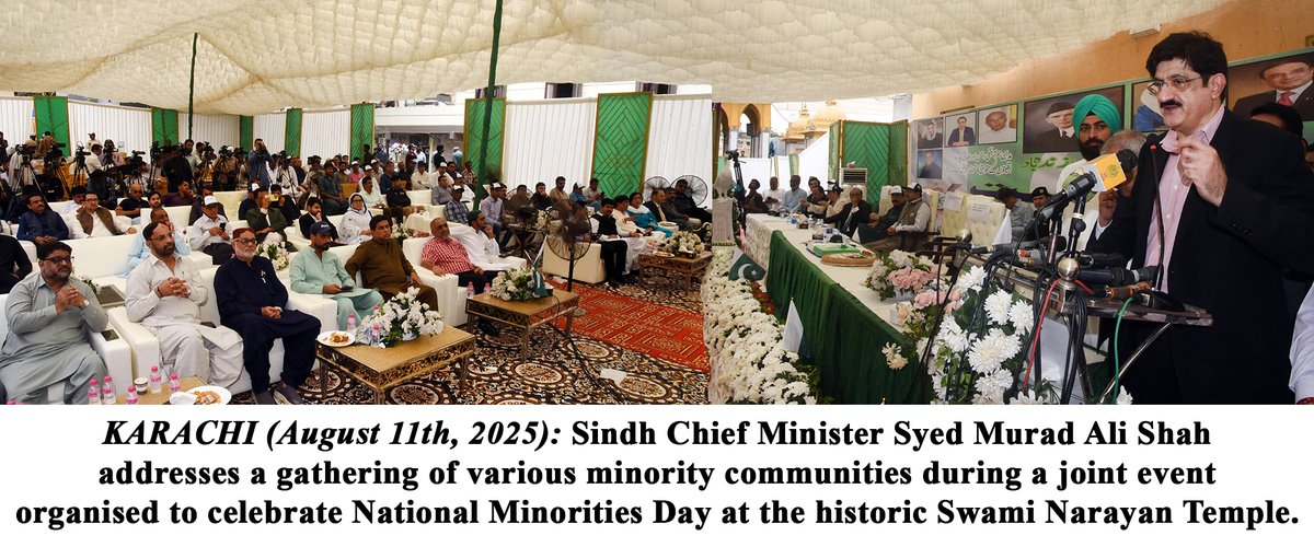 KARACHI (August 11th, 2025): Sindh Chief Minister Syed Murad Ali Shah addresses a gathering of various minority communities during a joint event organised to celebrate National Minorities Day at the historic Swami Narayan Temple.