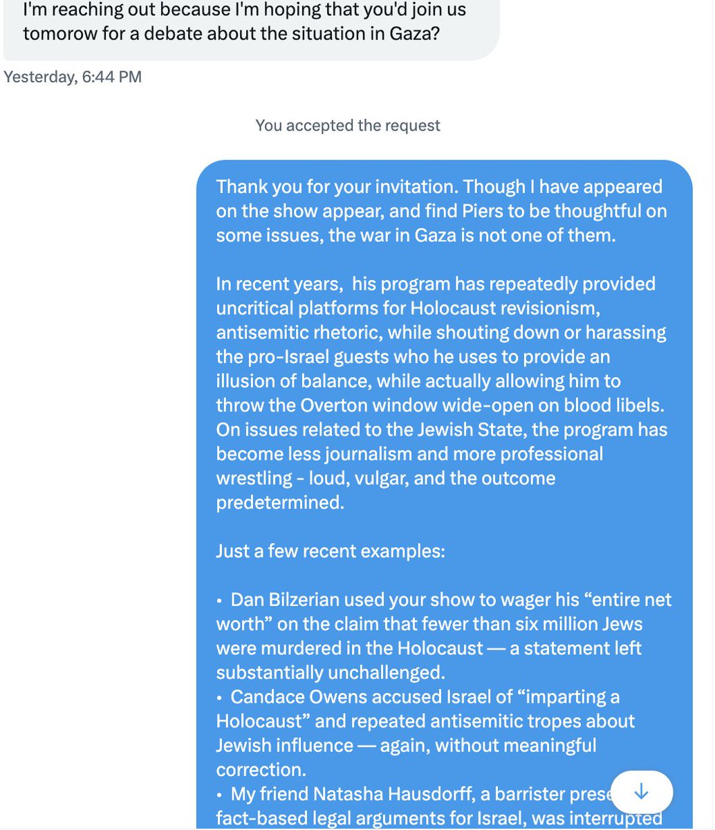 Eugene Kontorovich (@evkontorovich) on Twitter photo I was asked by <a href="/piersmorgan/">Piers Morgan</a> bookers to go on his show today. I declined, and explained that his show treats Holocaust denial and antisemitic propaganda as “views worth hearing” — while shouting down the truth. It is maximizing views while rapidly shifting the Overton Window on I was asked by <a href="/piersmorgan/">Piers Morgan</a> bookers to go on his show today. I declined, and explained that his show treats Holocaust denial and antisemitic propaganda as “views worth hearing” — while shouting down the truth. It is maximizing views while rapidly shifting the Overton Window on