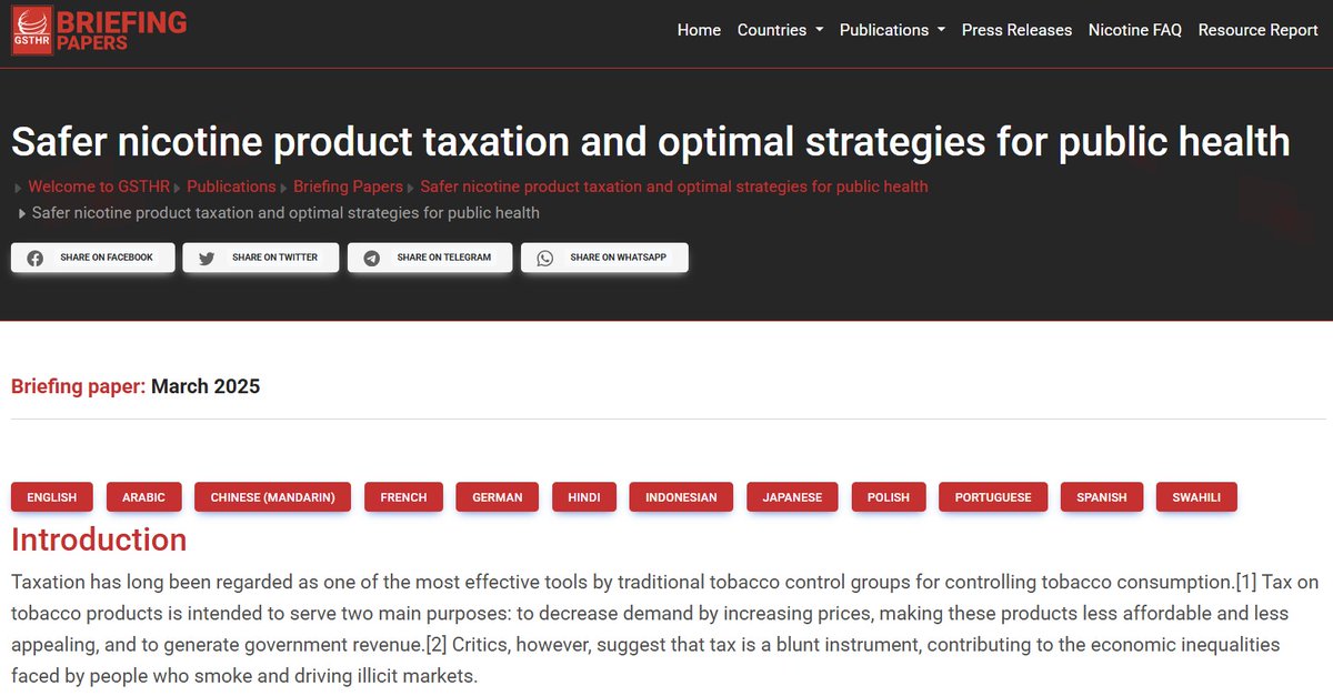 Our Briefing Paper "#Safernicotine product taxation &amp; optimal strategies for #publichealth" is now available in Arabic, Chinese (Mandarin), English, French, German, Hindi, Indonesian, Japanese, Polish, Portuguese, Spanish and Swahili.

Translations here: gsthr.org/resources/brie…