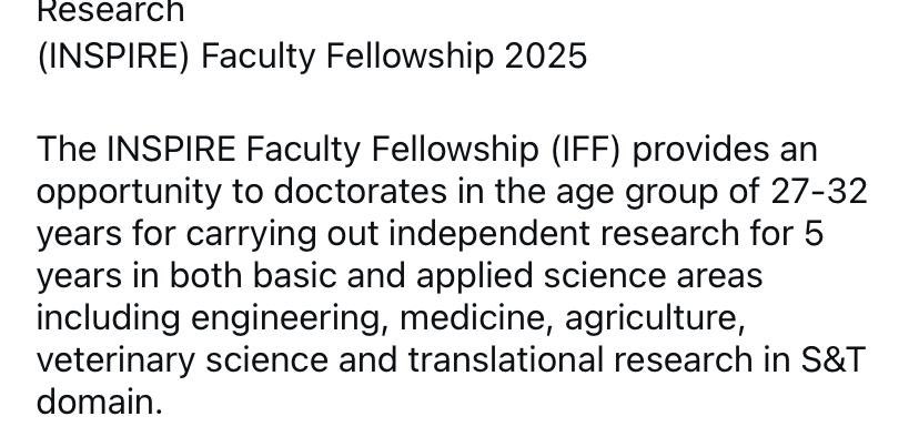 INSPIRE Faculty Fellowship: Age limit: 32/ PhD/ Strong publication record/ Postdoc experience is unofficially expected.
Realistically, if you’re not a published prodigy by 28, you’re already behind.

Who is this system really supporting?
#AcademicTwitter #PhDLife #ResearchIndia