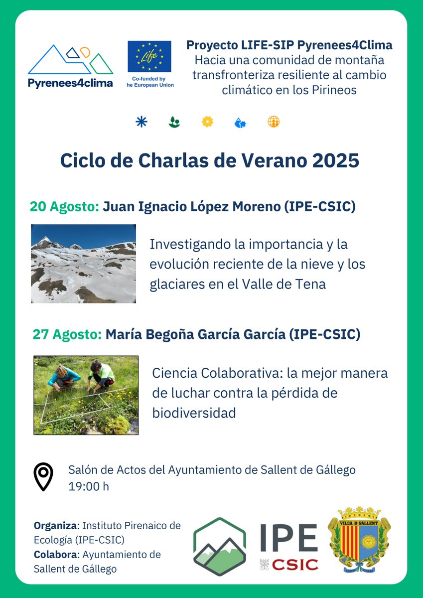 opcc_ctp's tweet photo. Recuerda que este mes tienes una cita con el @IPE_CSIC en el marco del proyecto #PYRENEES4CLIMA 🏔️🗣️ Este ciclo lo forman dos interesantes conferencias.
🗓️ 20 y 27 de agosto
📍 Sallent de Gállego
🕖 19:00h
¡Agéndatelas! https://t.co/SUYpG3NVio