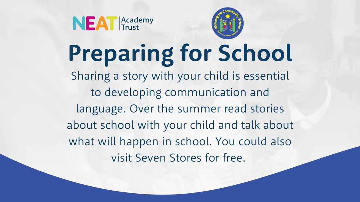 Sharing a story with your child is essential to developing communication and language. Over the summer read stories about school with your child and talk about what will happen in school. You could also visit Seven Stores for free.
sevenstories.org.uk