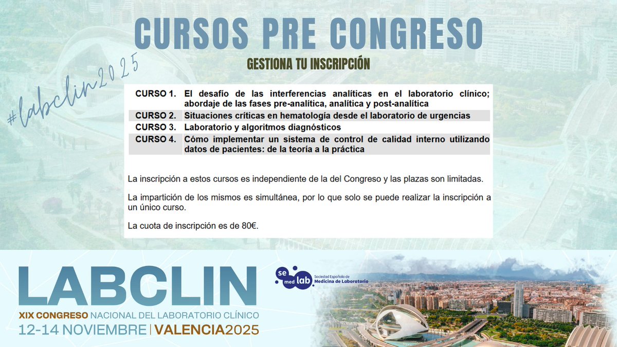 Laboratorio Clínico (@congresolabclin) on Twitter photo ¡Ya podéis inscribiros en los cursos pre-congreso de #LABCLIN2025!🚀
✅Los cuatro cursos programados para esta edición se celebrarán el 12 de noviembre, de 11:00 a 14:00 horas.☀️
¡Elegid el que más os llame la atención!👀labclin2025.es/index.php/insc…
🔴PLAZAS LIMITADAS
<a href="/Semedlab/">Sociedad Española de Medicina de Laboratorio</a> ¡Ya podéis inscribiros en los cursos pre-congreso de #LABCLIN2025!🚀
✅Los cuatro cursos programados para esta edición se celebrarán el 12 de noviembre, de 11:00 a 14:00 horas.☀️
¡Elegid el que más os llame la atención!👀labclin2025.es/index.php/insc…
🔴PLAZAS LIMITADAS
<a href="/Semedlab/">Sociedad Española de Medicina de Laboratorio</a>
