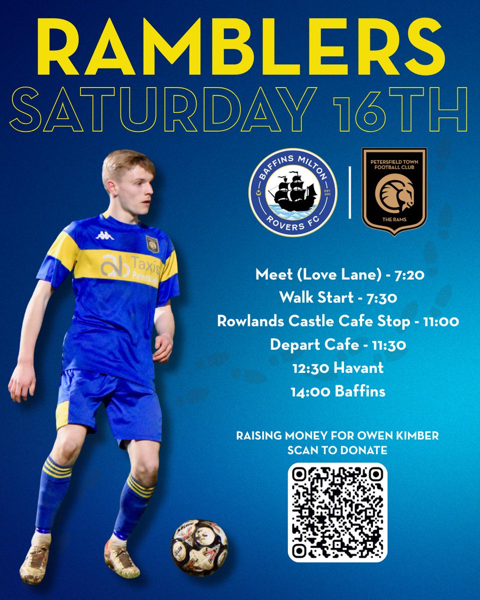 🚶🏽 | 𝘾𝘼𝙇𝙇𝙄𝙉𝙂 𝘼𝙇𝙇 𝙍𝘼𝙈𝘽𝙇𝙀𝙍𝙎

This Saturday, John Wade-Palmer is rallying our Ramblers for a special walk from Love Lane to Baffins Milton Rovers’ home ground, the PMC Stadium.

We’re stepping out to raise funds for Owen Kimber, who suffered a serious injury in