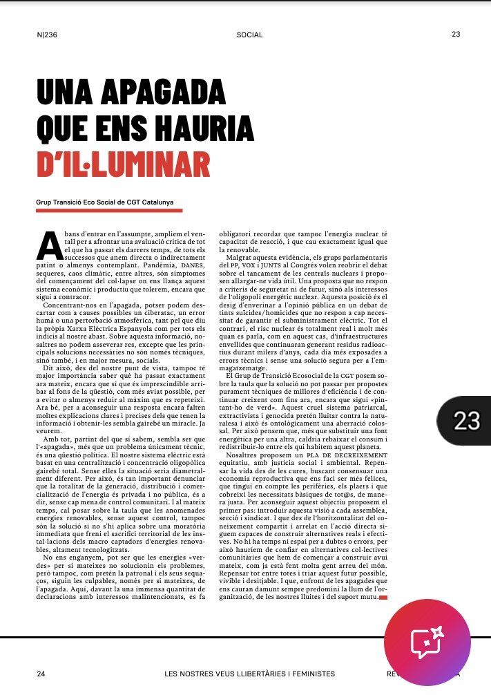 ecosocialcgtcat's tweet photo. Una apagada que ens hauria d'il·luminar
Article del Grup de Transició Ecosocial de CGT Catalunya a la revista Catalunya

@CGTCatalunya

@AccioSocialCGT

https://t.co/B3mKBOoO98 https://t.co/AYcbfq9FsL