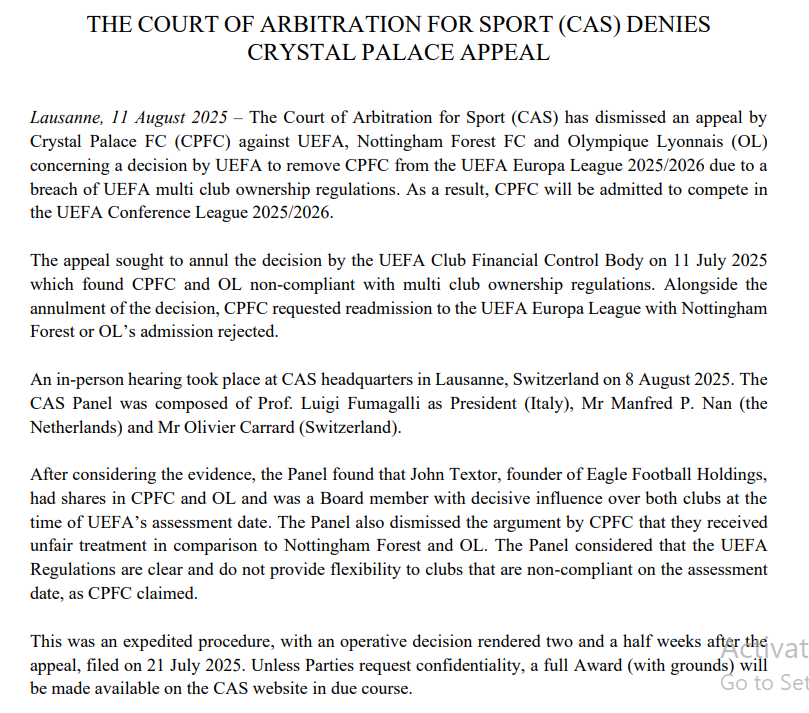 martynziegler's tweet image. Confirmation from CAS - John Textor was the issue, and court also dismissed Palace claims in relation to Forest and Lyon