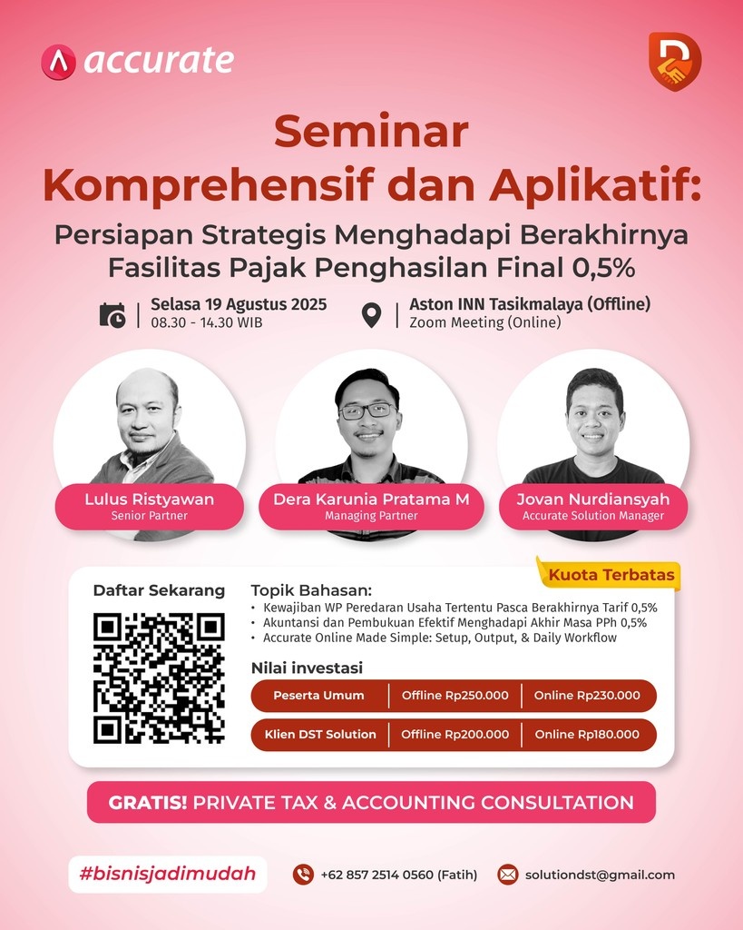 accurateid's tweet photo. Perubahan kebijakan bisa membuat pelaku usaha kewalahan jika tidak siap. Dalam seminar “Persiapan Strategis Menghadapi Berakhirnya Fasilitas Pajak Penghasilan Final 0,5%”.

Daftar sekarang: https://t.co/IBdcv8bB5D 😁

#accurateevent #accurateindonesia #bisnisjadimudah https://t.co/z9x6ZZZMgS