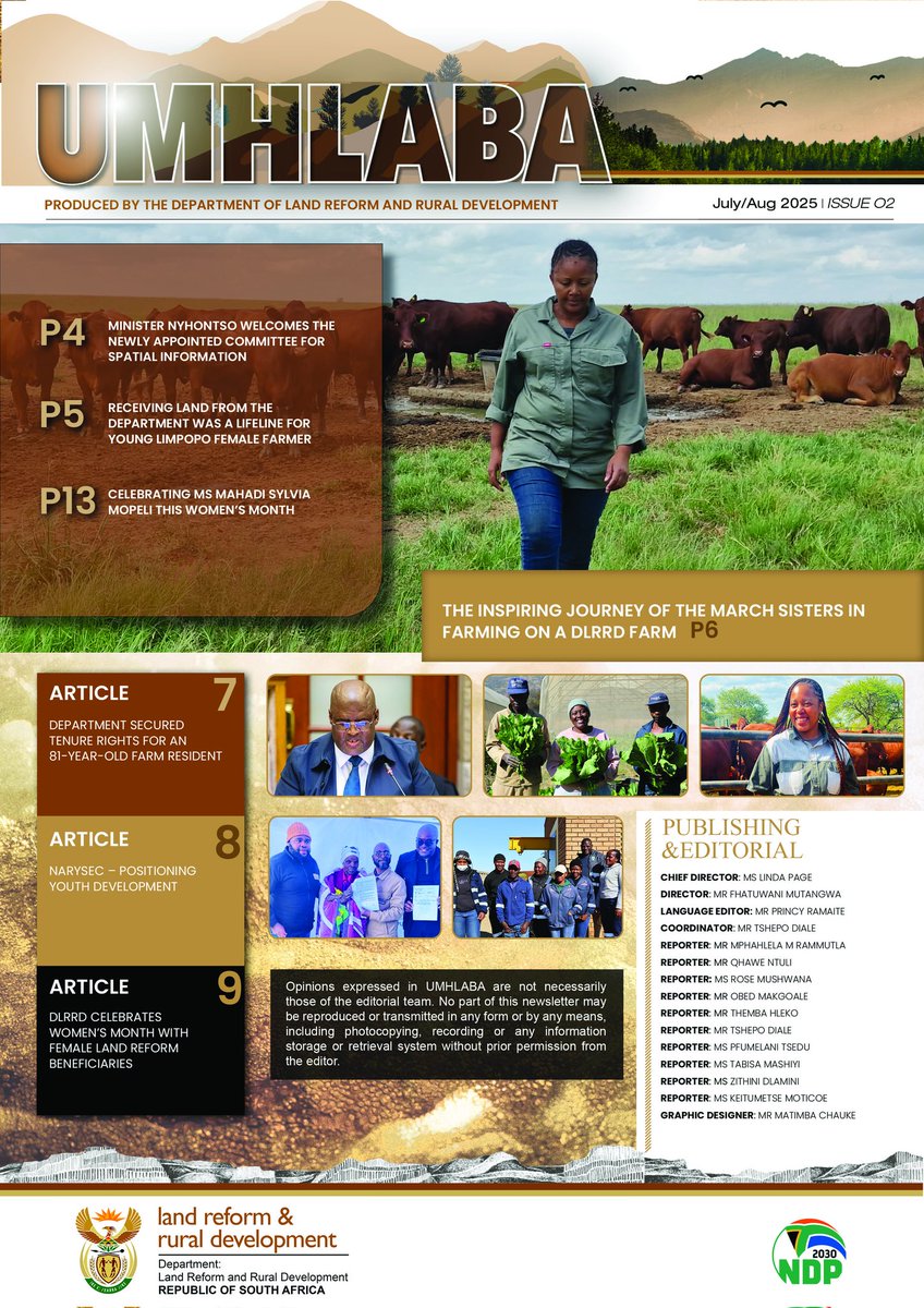 Umhlaba Edition

 This issue is dedicated to courageous WOMEN who are determine to break the shackles of poverty and secure food security to millions of South Africans.

Inside this must read edition:
🔸️The inspiring journey of the March sisters in farming on a DLRRD farm