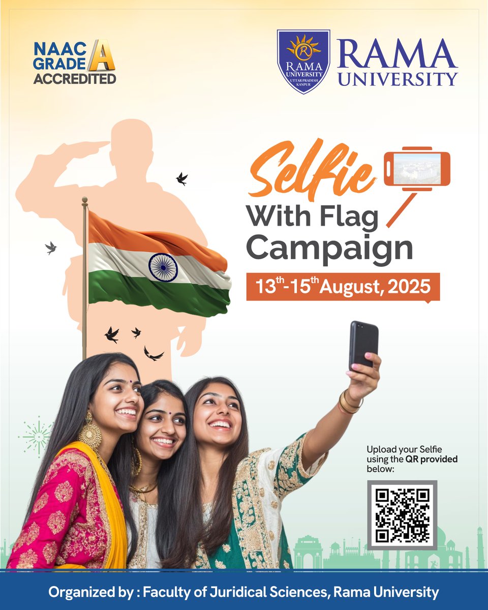 RamaUniversity's tweet photo. The Selfie with Flag campaign is more than just a picture — it’s a heartfelt tribute to our freedom, unity, and the pride we hold for our tricolour. 📸
#selfiewithflag #independenceday2025 #tirangameragaurav #proudtobeindian #vandemataram https://t.co/1Jo3AADKB0